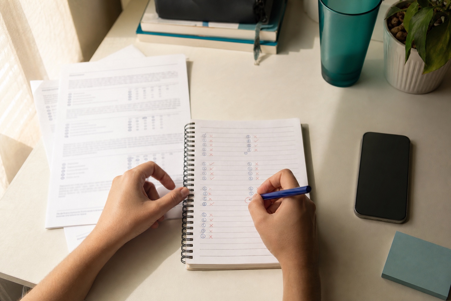 Estudante registra acertos e erros de um simulado em um caderno