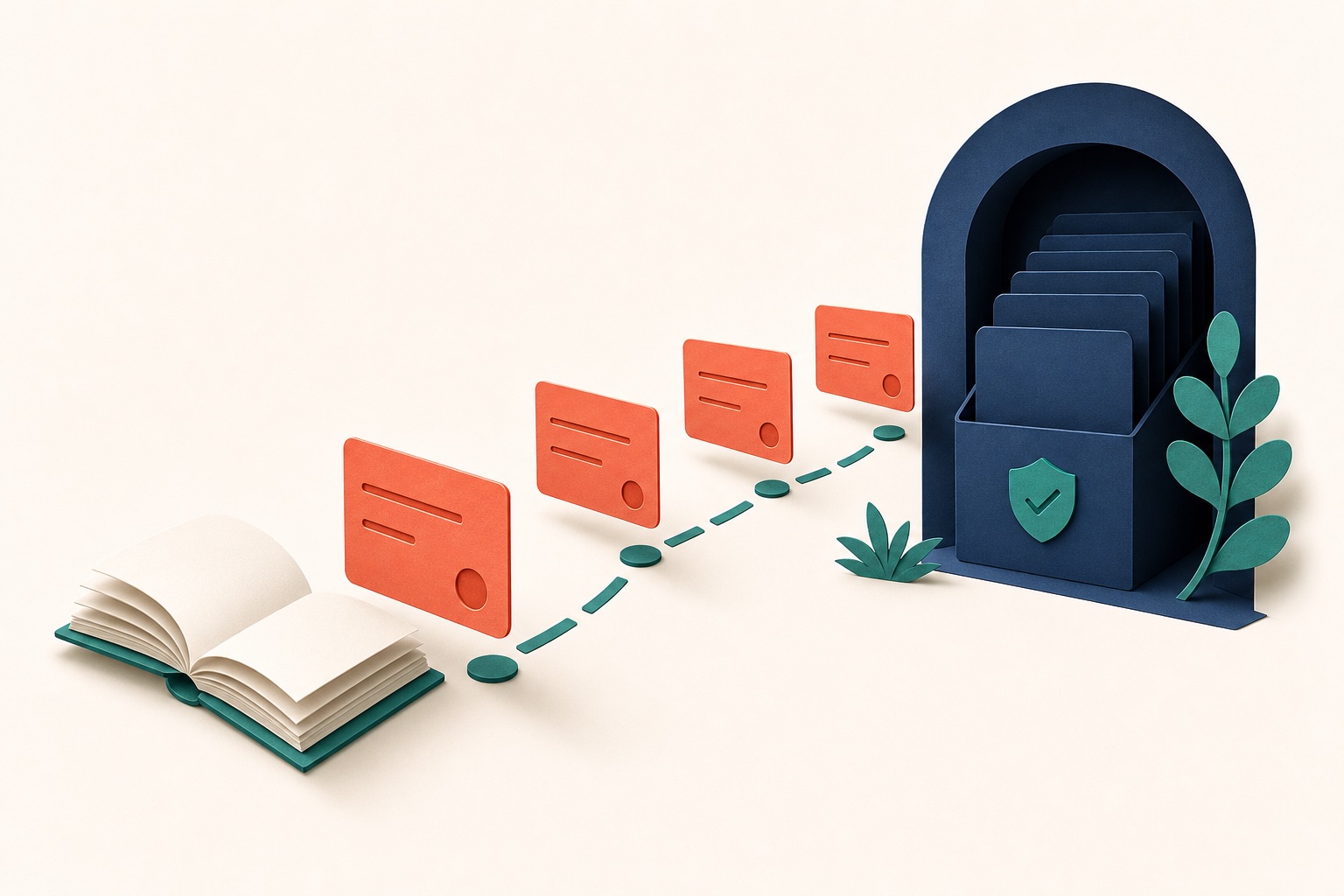 Cartões de estudo avançam de um livro até um arquivo, representando memórias fortalecidas com o tempo