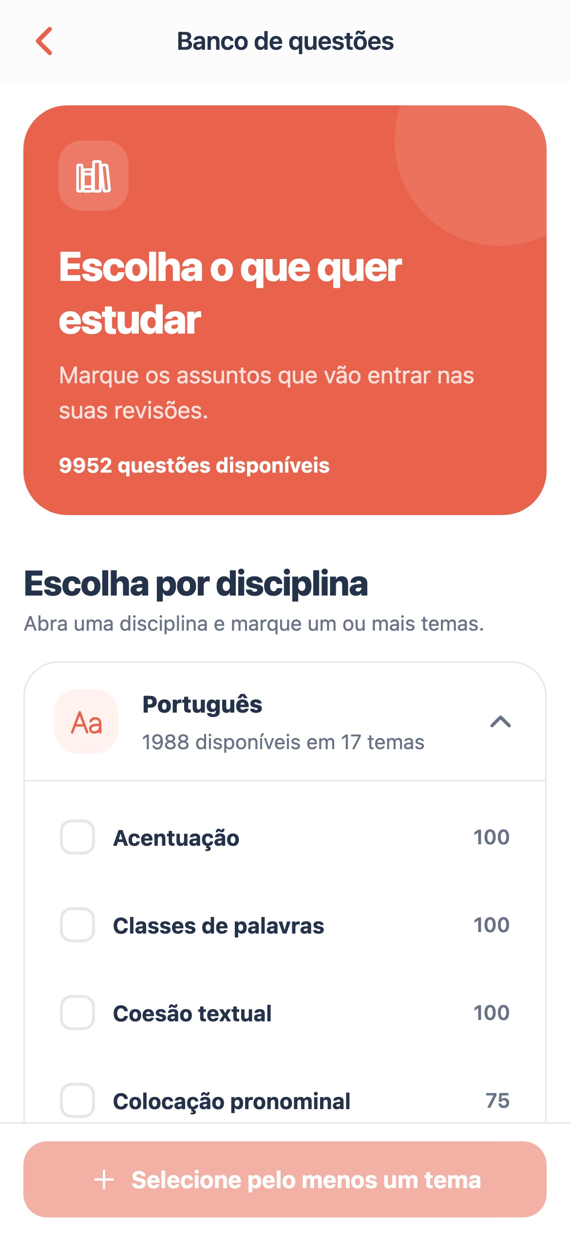 Seleção de temas de Português no banco de questões do Fixou