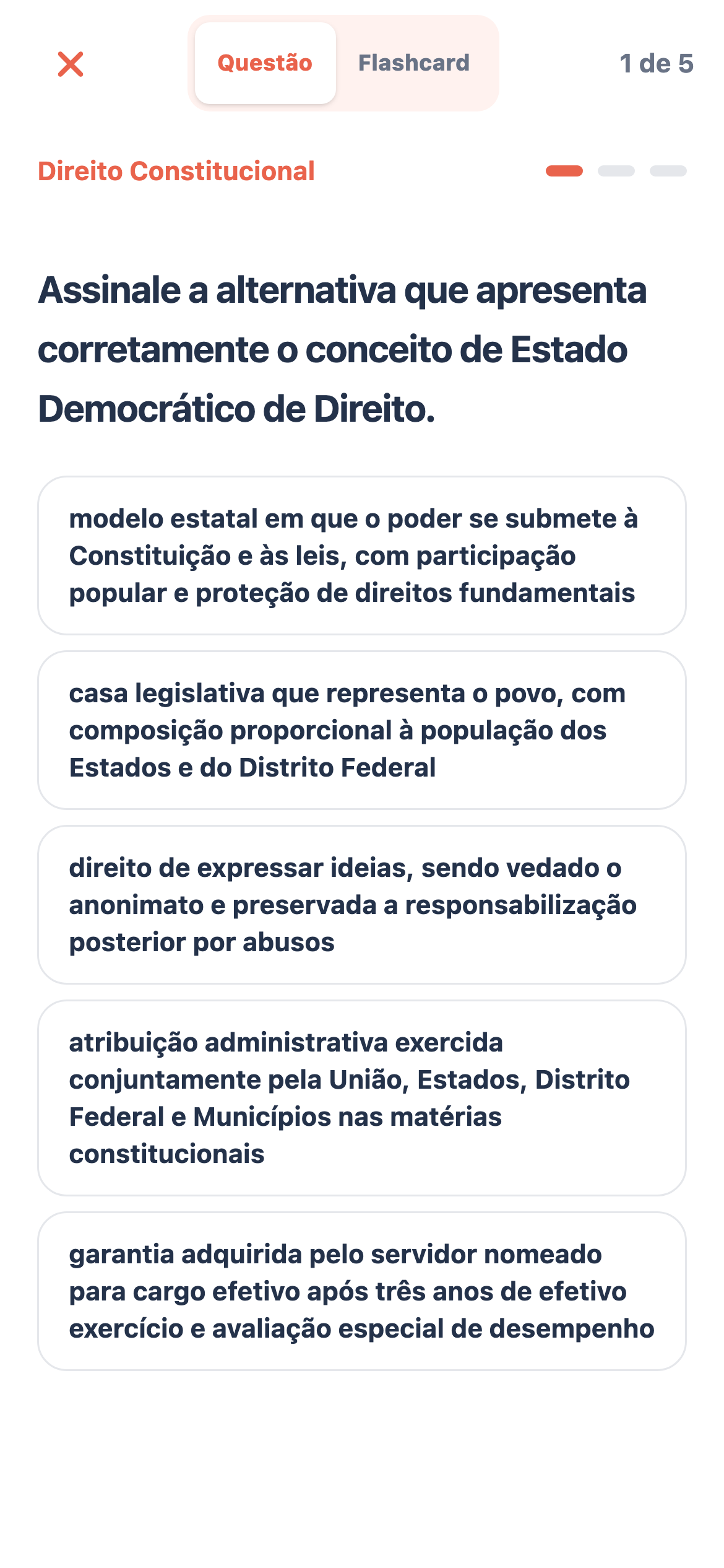 Rodada de questões no Fixou com alternativas e progresso da sessão